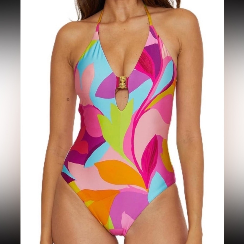 Trina Turk Womens Standard Lilleth One Piece Swimsuit Plunge Neck Floral size 10